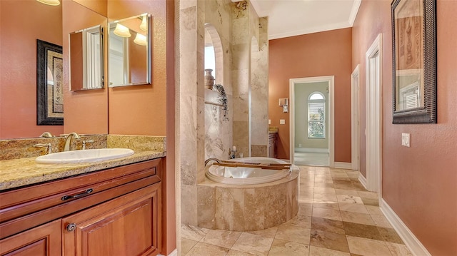 bathroom with vanity, a healthy amount of sunlight, ornamental molding, and tiled bath