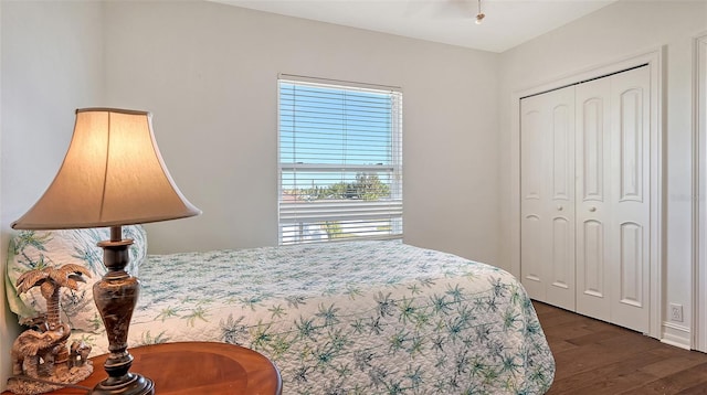 bedroom with dark hardwood / wood-style flooring and a closet