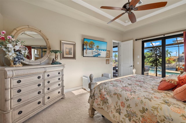 bedroom with access to exterior, ceiling fan, light carpet, and ornamental molding