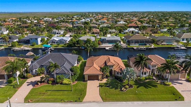 drone / aerial view featuring a water view