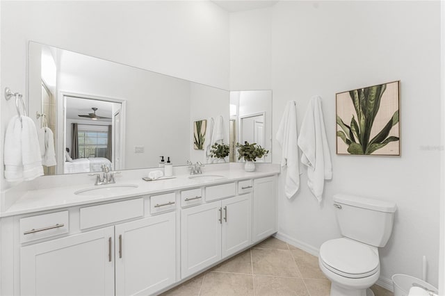 bathroom featuring ceiling fan, tile patterned flooring, vanity, and toilet