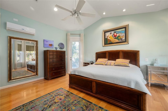 bedroom featuring a wall mounted air conditioner, ceiling fan, light hardwood / wood-style flooring, and multiple windows