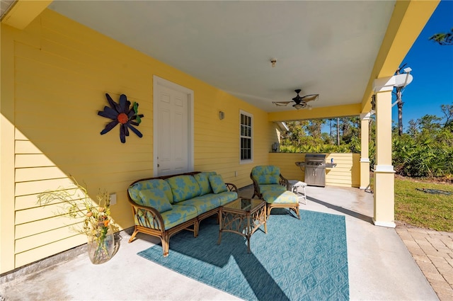 view of patio / terrace with outdoor lounge area, ceiling fan, and a grill