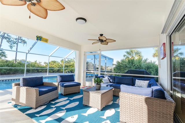 view of patio / terrace with a lanai and outdoor lounge area