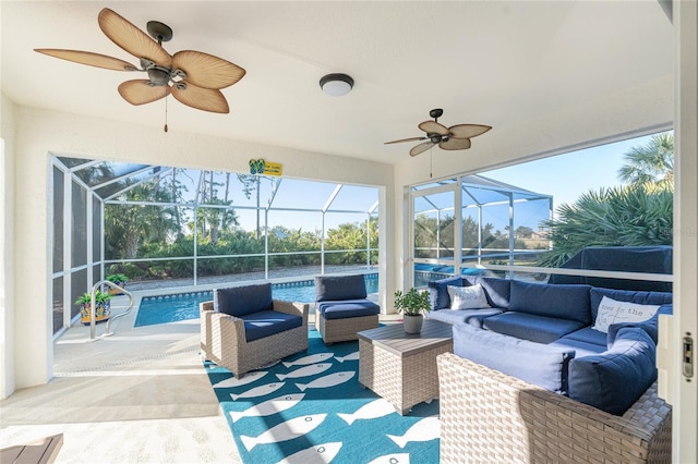 view of patio with an outdoor hangout area and a lanai