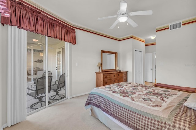 bedroom with carpet, access to outside, crown molding, ceiling fan, and a closet