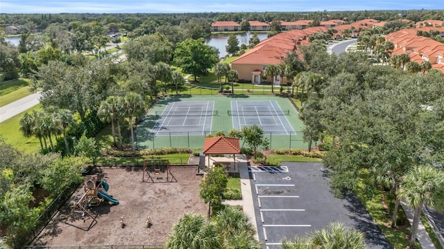 bird's eye view with a water view