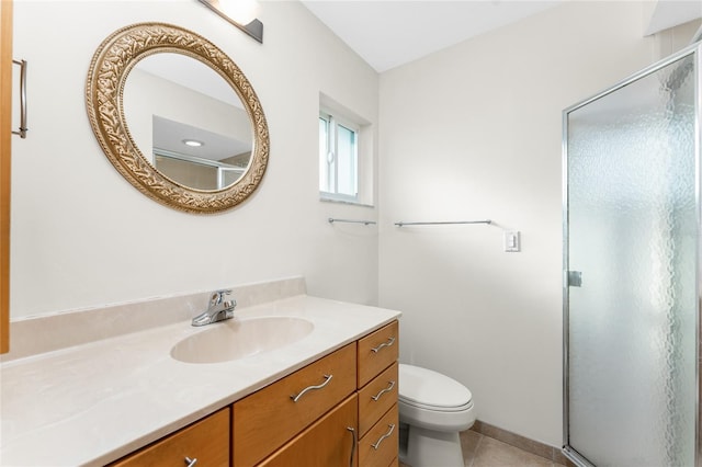 full bathroom with tile patterned floors, a stall shower, toilet, and vanity