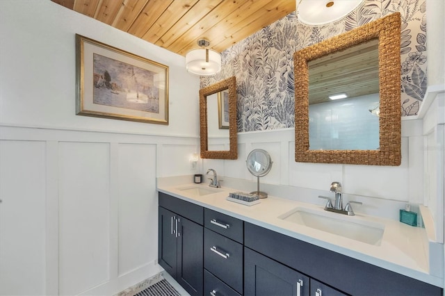 bathroom featuring vanity and wood ceiling