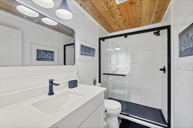 bathroom with wood walls, a shower with door, wooden ceiling, and toilet