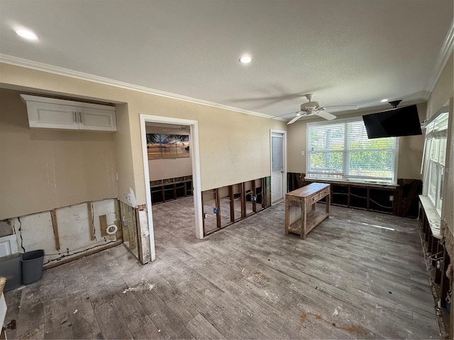 interior space with crown molding, ceiling fan, and hardwood / wood-style flooring