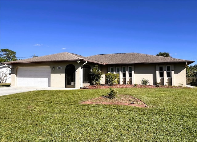 single story home featuring a garage and a front lawn