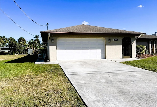 1196 Hinton St, Port Charlotte, FL 33952 - view of front of house with stucco siding, driveway, an attached garage, and a front lawn