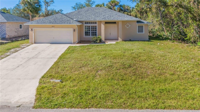 ranch-style home featuring a front lawn and a garage