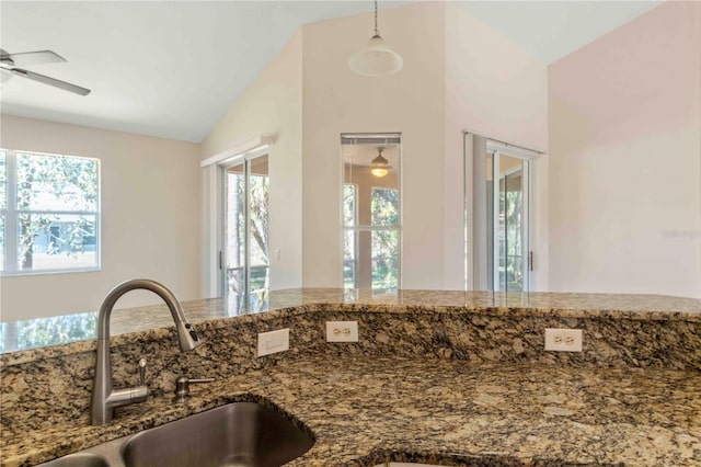 room details with dark stone countertops and sink