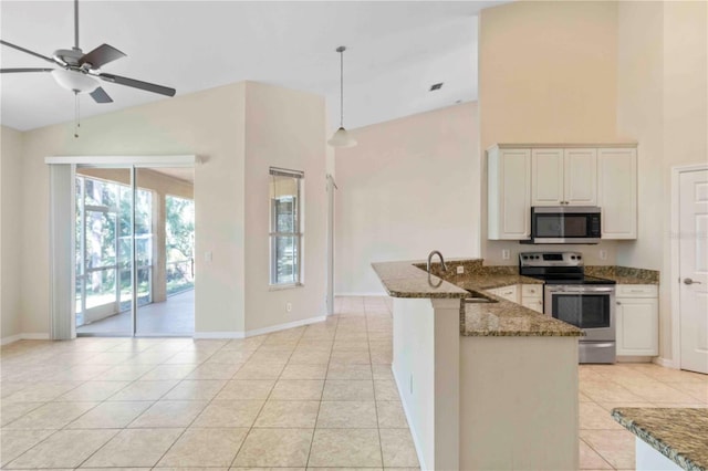 kitchen featuring kitchen peninsula, appliances with stainless steel finishes, sink, pendant lighting, and white cabinetry