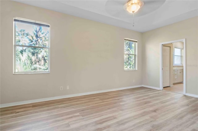 spare room featuring ceiling fan and light wood-type flooring