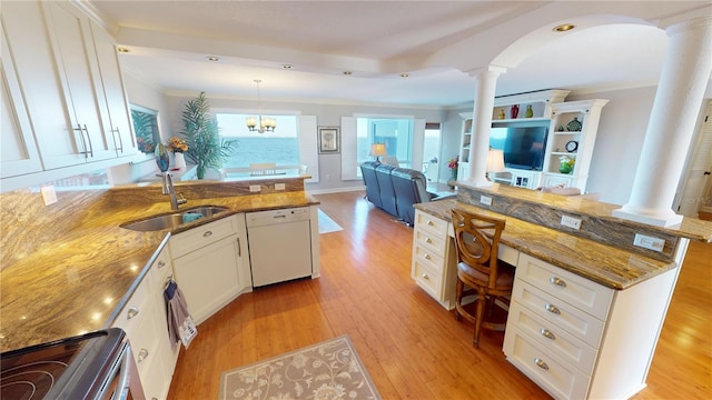 kitchen with white dishwasher, light hardwood / wood-style floors, white cabinetry, and sink