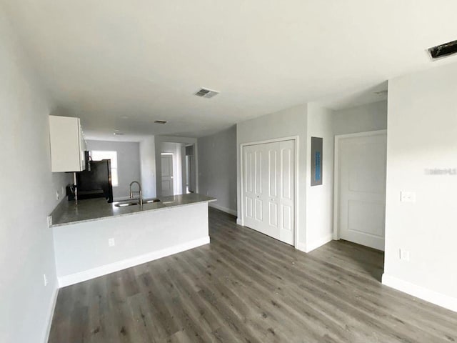 kitchen with white cabinets, dark hardwood / wood-style flooring, kitchen peninsula, and sink