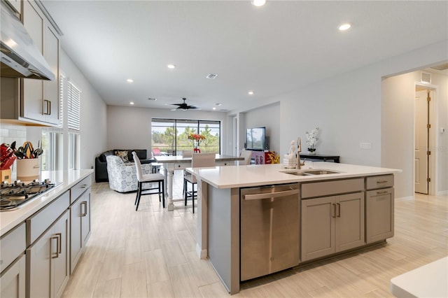 kitchen featuring gray cabinets, sink, stainless steel appliances, and an island with sink