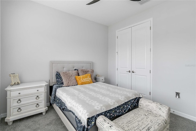 carpeted bedroom featuring a closet and ceiling fan