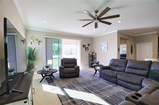 living room featuring tile patterned floors, ceiling fan, and crown molding