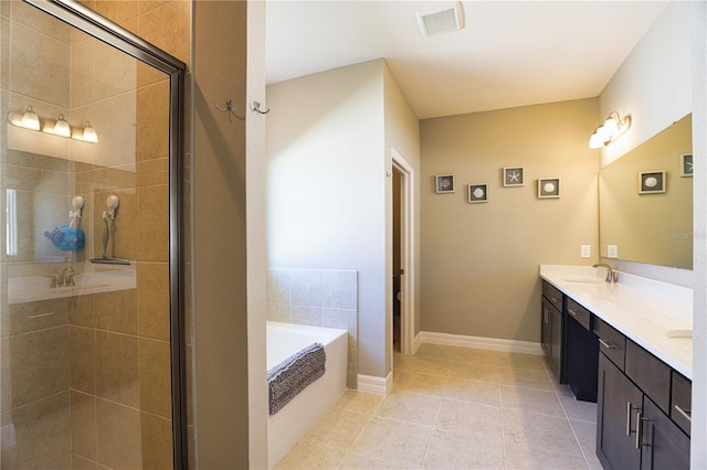 bathroom with separate shower and tub, tile patterned flooring, and vanity