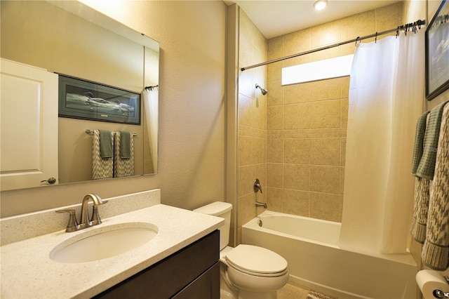 full bathroom with vanity, toilet, and shower / bathtub combination with curtain