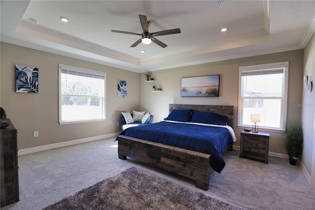 3393 Kacher Rd, North Port, FL 34288 - bedroom featuring a tray ceiling, ornamental molding, carpet, baseboards, and ceiling fan