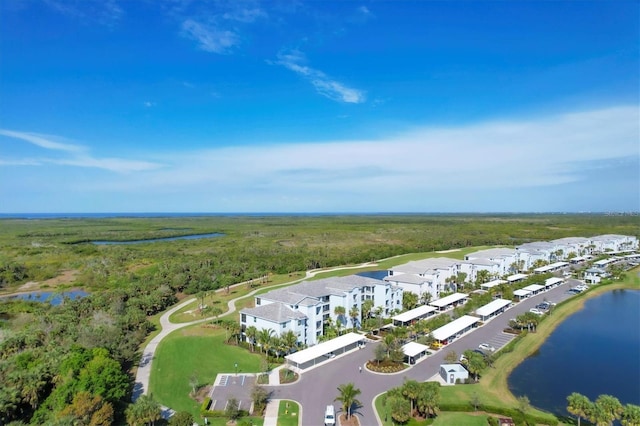 aerial view featuring a water view