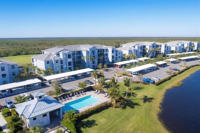 bird's eye view with a water view