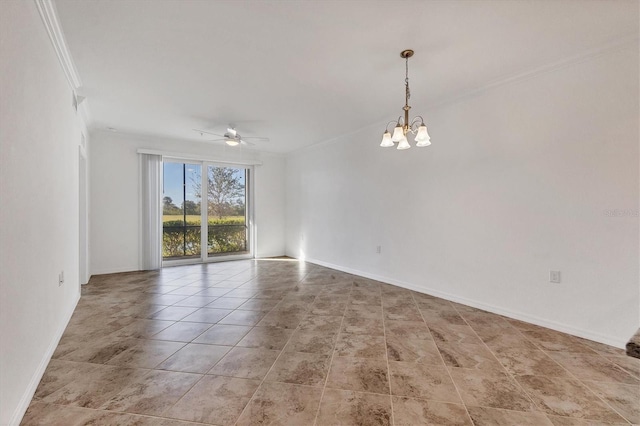 empty room featuring crown molding and ceiling fan with notable chandelier