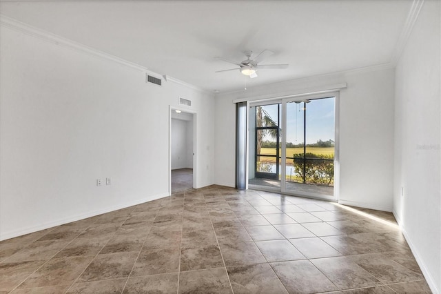 unfurnished room featuring ceiling fan and crown molding