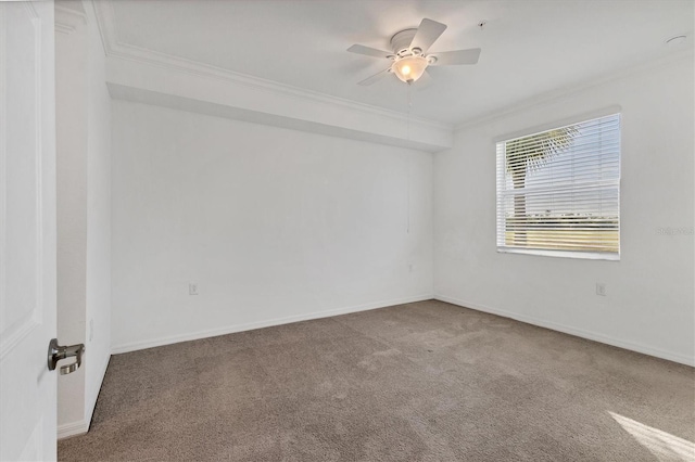 carpeted empty room featuring ceiling fan and crown molding