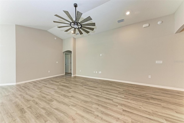 unfurnished room featuring light wood-type flooring, ceiling fan, and lofted ceiling