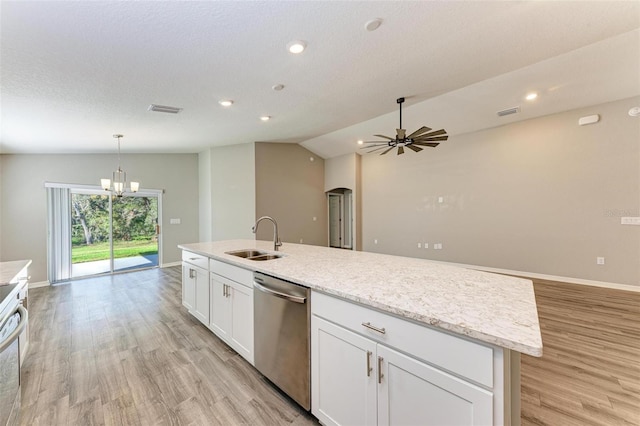 kitchen with lofted ceiling, ceiling fan with notable chandelier, sink, light hardwood / wood-style flooring, and stainless steel appliances