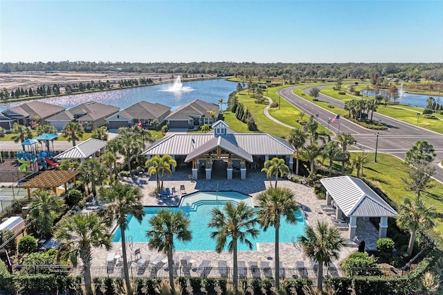 drone / aerial view featuring a water view