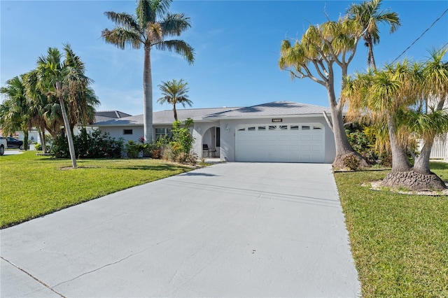 single story home featuring a front yard and a garage