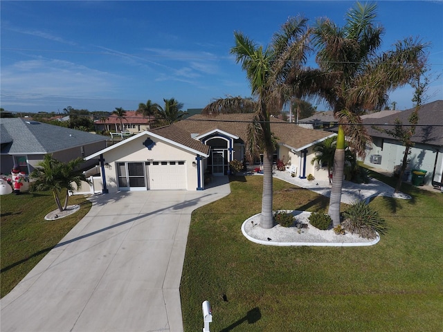 single story home with a front yard and a garage