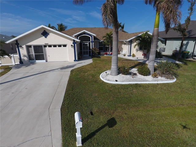 ranch-style home with a garage and a front lawn