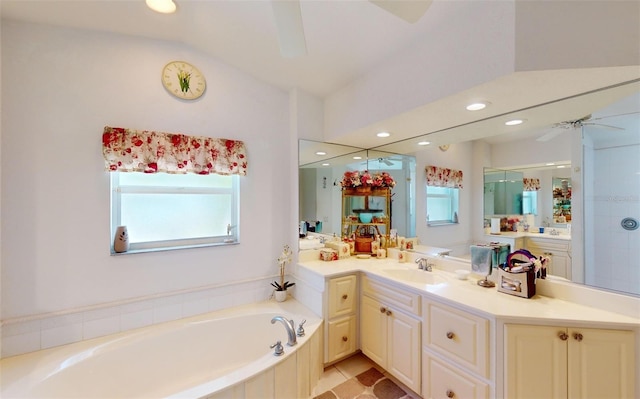 bathroom featuring vanity, tile patterned floors, ceiling fan, and independent shower and bath