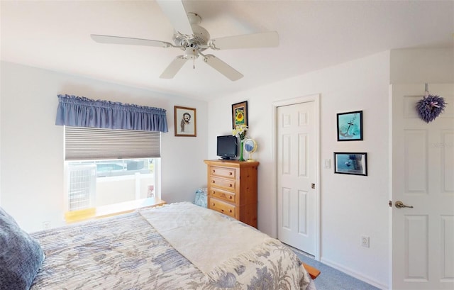 bedroom featuring carpet flooring and ceiling fan