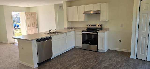 kitchen featuring kitchen peninsula, stainless steel appliances, dark hardwood / wood-style floors, white cabinets, and sink