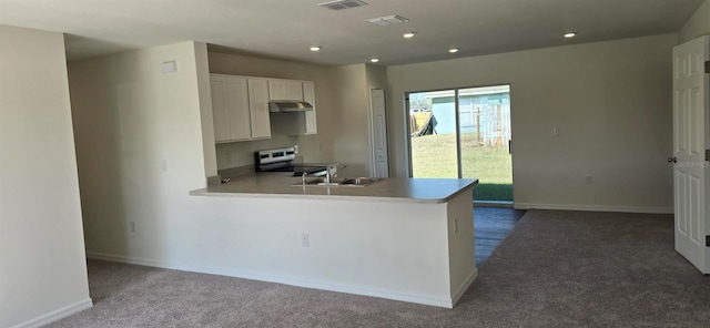 kitchen with white cabinetry, kitchen peninsula, dark colored carpet, electric stove, and sink