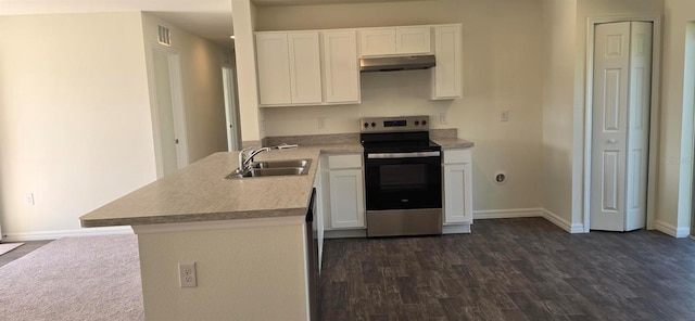 kitchen featuring white cabinetry, sink, dark hardwood / wood-style floors, kitchen peninsula, and stainless steel electric range