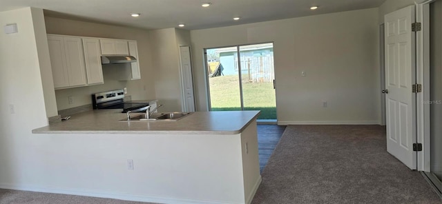 kitchen featuring white cabinetry, stainless steel electric range oven, kitchen peninsula, dark colored carpet, and sink