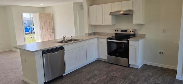 kitchen featuring white cabinetry, stainless steel appliances, sink, kitchen peninsula, and dark carpet