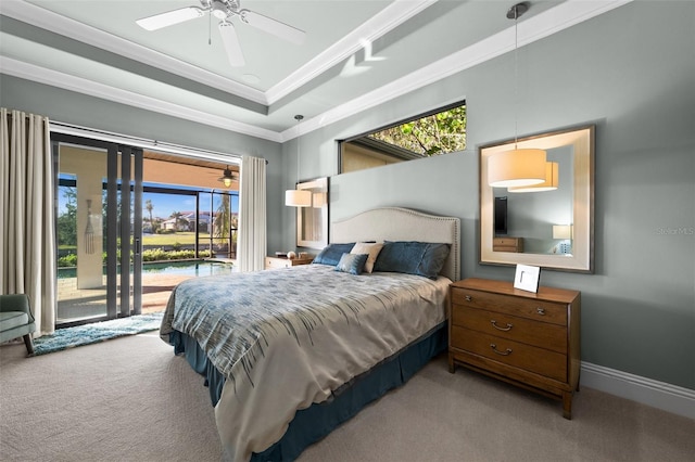 bedroom featuring access to outside, multiple windows, and light colored carpet