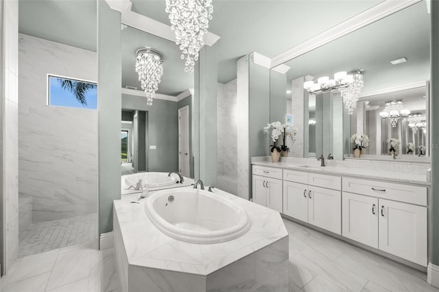 bathroom featuring ornamental molding, vanity, shower with separate bathtub, and a notable chandelier