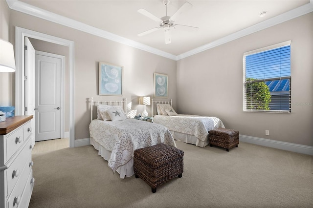 bedroom with ceiling fan, crown molding, and light carpet